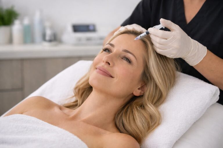 Blonde woman receiving Botox treatment from an aesthetic provider at a medical spa in Missoula, Montana.