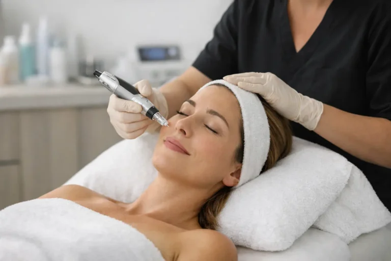 Woman receiving professional microneedling treatment at a medical spa in Missoula, Montana.
