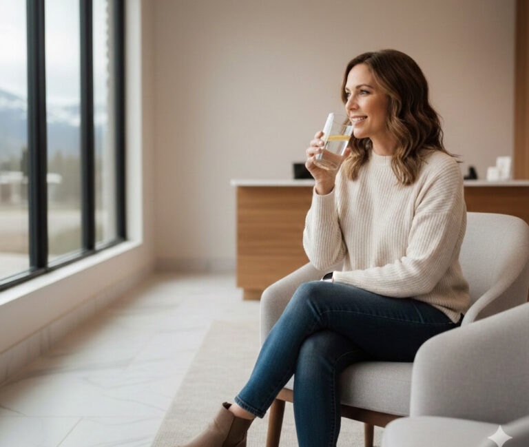 Woman waiting in a waiting room, about to receive stellar m22 skin treatment