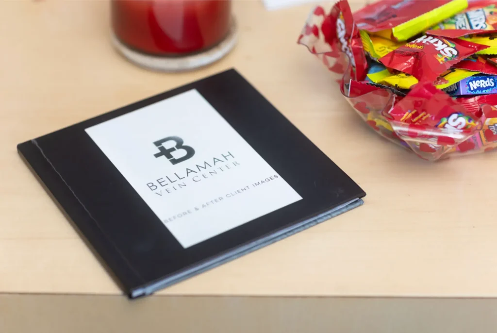 Medical aesthetic clinic brochure in waiting room for non-surgical treatments and skin rejuvenation services