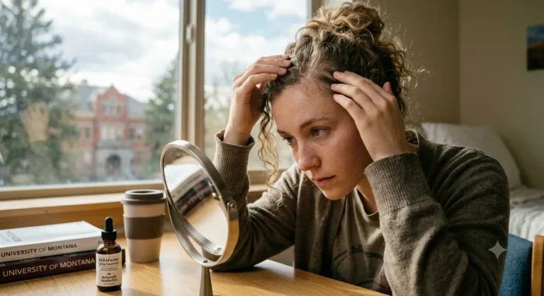 Woman examining scalp for hair thinning in Missoula MT near UM campus